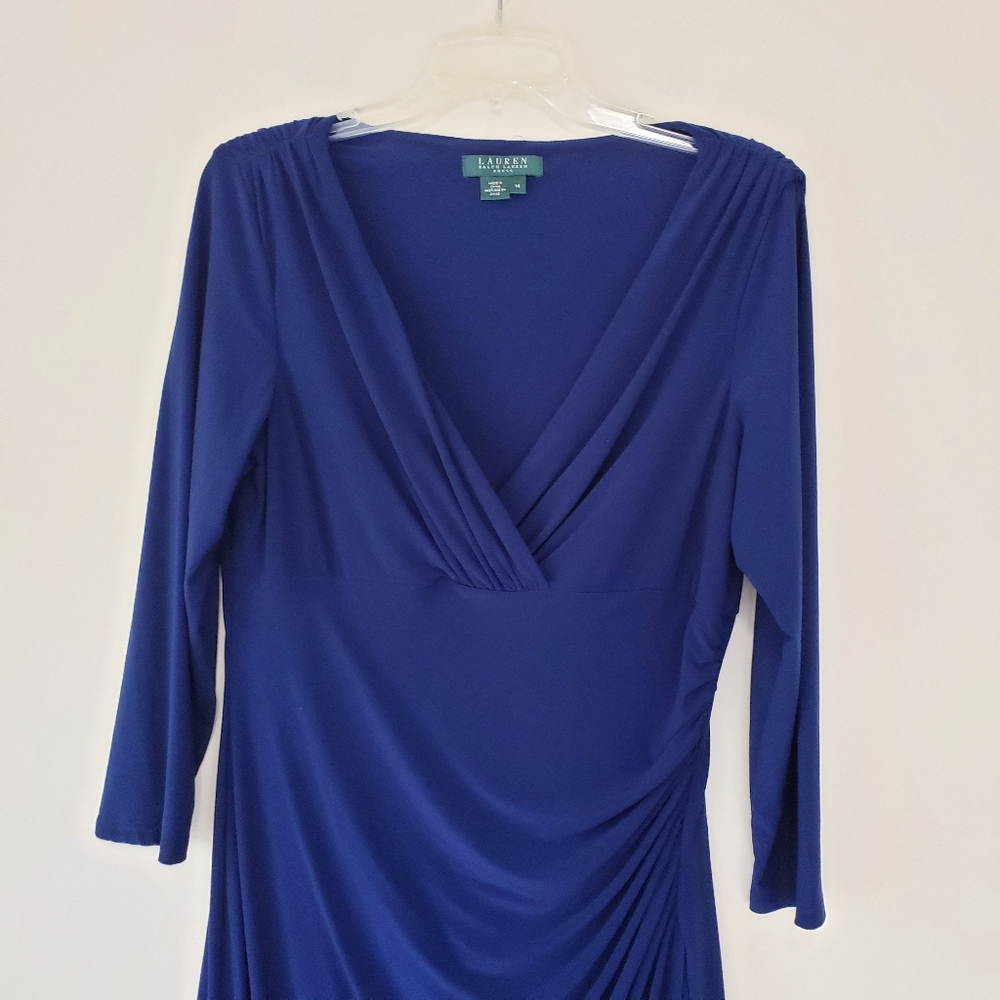 Ralph Lauren Navy Blue Faux Wrap Jersey Long Sleeve Dress Stretchy Size 14 - Picture 11 of 13